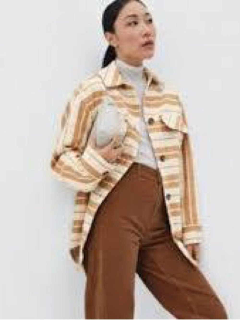 Everlane Oversized Shirt Jacket Womens XS Camel Cream Tan Plaid Stripe